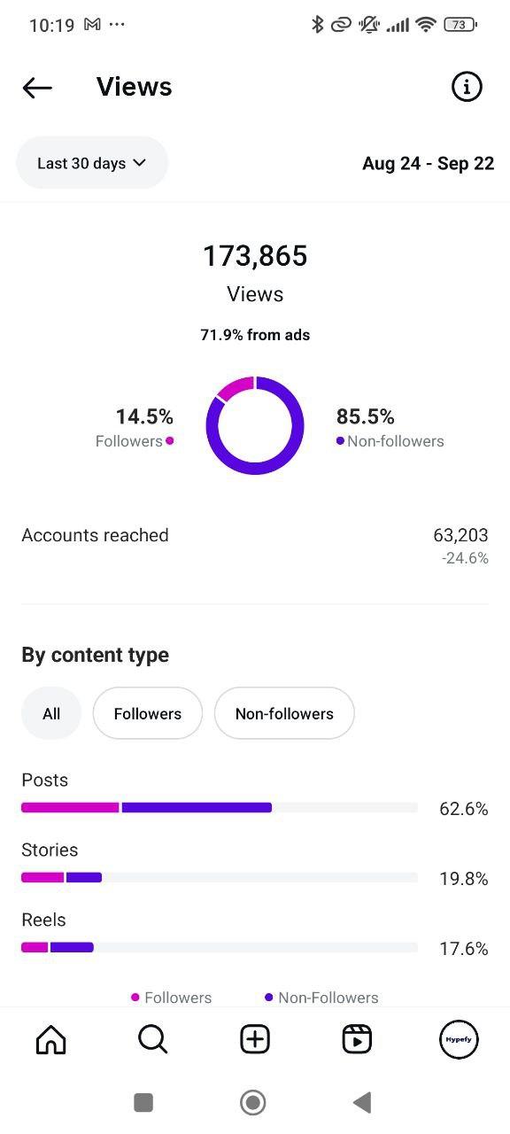 Reels performance showing 173k plays